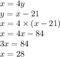 x = 4y \\ y = x - 21 \\ x = 4 \times (x - 21) \\ x = 4x - 84 \\ 3x = 84 \\ x = 28