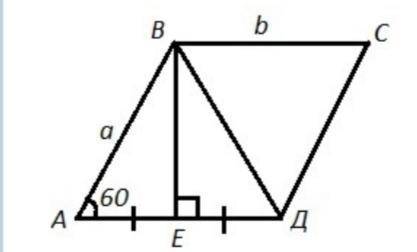 Впараллелограмме авсd угол а равен 60°.высота ве делит сторону ad на две равные части. длина диагона