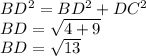 BD^{2} =BD^{2}+DC^{2}\\BD=\sqrt{4+9} \\BD=\sqrt{13}