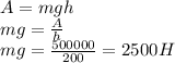 A=mgh\\mg=\frac{A}{h} \\mg=\frac{500000}{200} = 2500 H