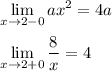 \displaystyle \lim_{x \to 2-0}ax^2=4a\\ \\ \lim_{x \to 2+0}\frac{8}{x}=4