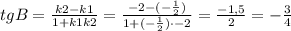 tgB=\frac{k2-k1}{1+k1k2}=\frac{-2-(-\frac{1}{2})}{1+(-\frac{1}{2})\cdot -2}=\frac{-1,5}{2}=-\frac{3}{4}