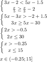 \displaystyle\left \{ {{3x-2-2+1.5} \atop {3x\geq5x-30 } \right.} \\ \\\left \{ {{2x-0.5} \atop {2x\leq 30 } \right.} \\ \\ \left \{ {{x-0.25} \atop {x\leq15}} \right.\\ \\ x\in(-0.25;15]\\ \\