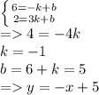 \left \{ {{6=-k+b} \atop {2=3k+b}} \right. \\=4=-4k\\k=-1\\b=6+k=5\\=y=-x+5