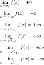 \displaystyle \lim_{x \to \infty} f(x)=+0\\\\ \lim_{x \to \ -oo} f(x)=+0\\\\ \lim_{x \to \ \sqrt{2}_{+0}} f(x)=+oo\\\\ \lim_{x \to \ \sqrt{2}_{-0} } f(x)=-oo\\\\ \lim_{x \to \ -\sqrt{2}_{+0} } f(x)=+oo\\\\ \lim_{x \to \ -\sqrt{2}_{-0}} f(x)= -oo