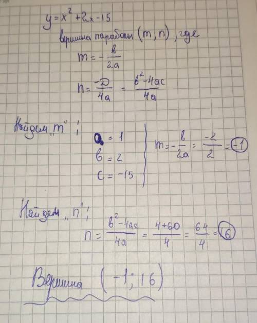 Найдите координаты вершины параболы y=x^2+2x-15