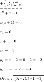 +\left \{ {{x-y=2} \atop {x^{2}+y=-2}} \right.\\------\\x^{2}+x=0\\\\x(x+1)=0\\\\x_{1}=0\\\\x+1=0\\\\x_{2}=-1\\\\y_{1}=x-2=0-2=-2\\\\y_{2}=-1-2=-3\\\\Otvet:\boxed{(0;-2),(-1;-3)}