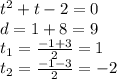 {t}^{2} + t - 2 = 0 \\ d = 1 + 8 = 9 \\ t_{1} = \frac{ - 1 + 3}{2} = 1 \\ t_{2} = \frac{ - 1 - 3}{2} = - 2