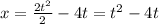 x=\frac{2t^{2}}{2}-4 t=t^{2}-4t