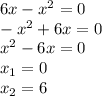 6x - {x}^{2} = 0 \\ - {x}^{2} + 6x = 0 \\ {x}^{2} - 6x = 0 \\ x_{1} = 0 \\ x_{2} = 6