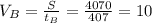 V_{B} = \frac{S}{t_B} = \frac{4070}{407} = 10