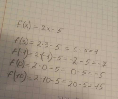 При каких значение аргумента x значение f(x)=2x-5 равно: 3; -1; 0; 10; ​