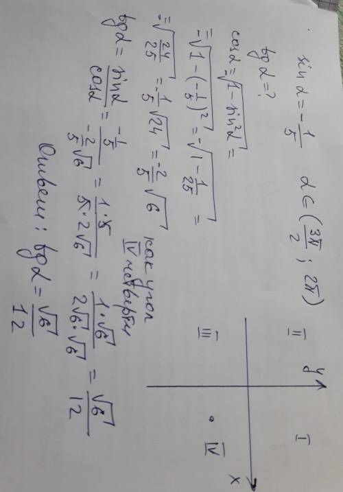 Найдите tgα, если sinα=-1/√5,    α∈(3π/2; 2π ). ответ запишите в виде десятичной дроби​