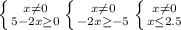 \left \{ {{x\neq0 } \atop {5-2x\geq 0 }} \\\left \{ {{x\neq0 } \atop {-2x\geq -5 }} \\\left \{ {{x\neq0 } \atop {x\leq2.5 }}