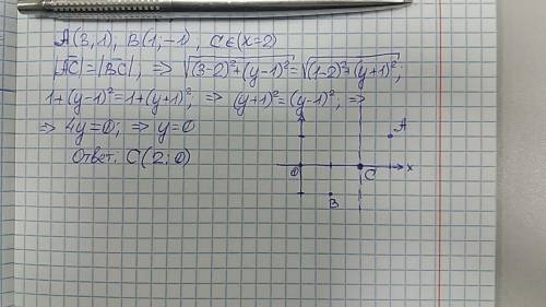 Найти координаты с, находящейся на прямой х = 2 и равноудаленной от а(3; 1) и в(1-1)