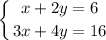 $\left \{ {{x+2y=6} \atop {3x+4y=16}} \right.