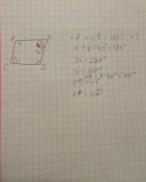 Разность двух углов параллелограмма равна 40°. найдите углы параллелограмма.