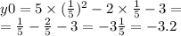 y0 = 5 \times ( \frac{1}{5} )^{2} - 2 \times \frac{1}{5} - 3 = \\ = \frac{1}{5} - \frac{2}{5} - 3 = - 3 \frac{1}{5} = - 3.2