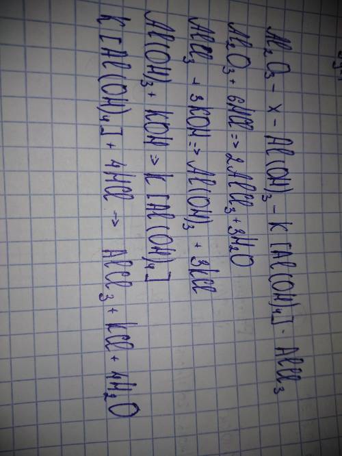 Напишите уравнения реакций в соответствии со схемой al2o3=x=al(oh)3=k[al(oh)4]=alcl3