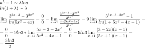 a^\lambda-1 \sim \lambda lna\\ln(1+\lambda)\sim\lambda\\\displaystyle\lim_{x\to1}\frac{3^{5x-3}-3^{2x^2}}{ln(5x^2-4x)}=\frac{0}{0}=\lim_{x\to1}\frac{\frac{3^{5x-3}-3^{2x^2}}{3^{2x^2}}}{\frac{ln(5x^2-4x)}{3^{2x^2}}}=9\lim_{x\to1}\frac{3^{5x-3-2x^2}-1}{ln(1+5x^2-4x-1)}=\\=\frac{0}{0}=9ln3*\lim_{x\to1}\frac{5x-3-2x^2}{5x^2-4x-1}=\frac{0}{0}=9ln3\lim_{x\to1}\frac{(3-2x)(x-1)}{(5x+1)(x-1)}=\\=\frac{3ln3}{2}