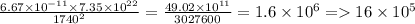 \frac{6.67 \times 10 {}^{ - 11} \times 7.35 \times 10 {}^{22} }{ 1740 {}^{2} } = \frac{49.02 \times 10 {}^{11} }{3027600} = 1.6 \times 10 {}^{6} = 16 \times 10 {}^{5}