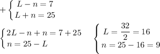 \displaystyle +\left \{ {{L-n=7} \atop {L+n=25}} \right.\\\\\left \{ {{2L-n+n=7+25} \atop {n=25-L\qquad \qquad }} \right. \quad \left \{ {{L=\dfrac{32}2 =16\quad } \atop {n=25-16=9}} \right.