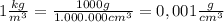 1\frac{kg}{m^{3} }=\frac{1000g}{1.000.000cm^{3}} =0,001\frac{g}{cm^{3} }