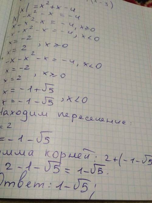 Найти сумму корней уравнения |х|=x^2+x-4