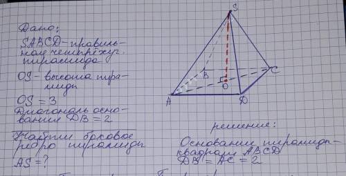 Управильній чотирикутній піраміді діагоналі основи дорівнюють 2 а висота 3 знайти бічне ребро пірамі