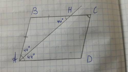 Найдите величену острого угла параллелограмма abcd,если биссектриса угла а образует со стороной bc у