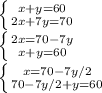 \left \{ {{x+y=60} \atop {2x+7y=70}} \right. \\\left \{ {{2x=70-7y} \atop {x+y=60}} \right. \\\left \{ {{x=70-7y/2} \atop {70-7y/2 + y=60}} \right.