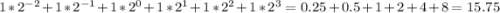 1 * 2^{-2} + 1 * 2^{-1} + 1 * 2^{0} + 1 * 2^{1} + 1 * 2^{2} + 1 * 2^{3} = 0.25 + 0.5 + 1 + 2 + 4 + 8 = 15.75