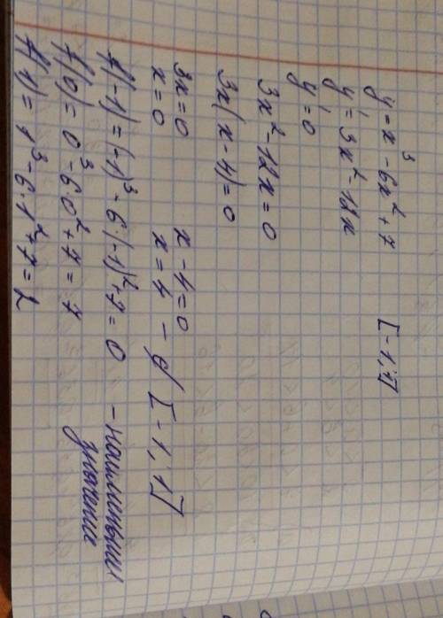 Найти наибольшее и наименьшее значения функции y=x^3-6x^2+7 на числовом отрезке [-1; 1]