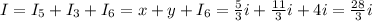 I = I_5 + I_3 + I_6 = x + y + I_6 = \frac{5}{3}i + \frac{11}{3}i + 4i = \frac{28}{3}i