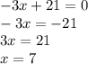 - 3x + 21 = 0 \\ - 3x = - 21 \\ 3x = 21 \\ x = 7