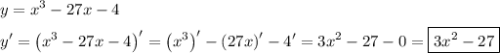 \[\begin{gathered}y={x^3}-27x-4\hfill\\y'={\left({{x^3}-27x-4}\right)^\prime}={\left({{x^3}}\right)^\prime}-{\left({27x}\right)^\prime}-4'=3{x^2}-27-0=\boxed{3{x^2}-27}\hfill\\\end{gathered}\]