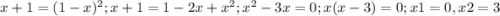 x+1=(1-x)^2; x+1=1-2x+x^2;x^2-3x=0;x(x-3)=0; x1=0, x2=3