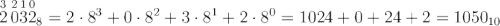 $$\large \overset{3}{2}\overset{2}{0}\overset{1}{3}\overset{0}{2}_{8}=2\cdot 8^3+0\cdot 8^2+3\cdot 8^1+2\cdot 8^0=1024+0+24+2=1050_{10}$$