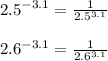 {2.5}^{ - 3.1} = \frac{1}{ {2.5}^{3.1} } \\ \\ {2.6}^{ - 3.1} = \frac{1}{ {2.6}^{3.1} }