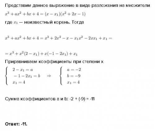 Найдите сумму коэффициентов a и b кубического многочлена x3+ax2+bx+4, имеющего три различных корня,