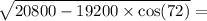 \sqrt{20800 - 19200 \times \cos(72) } =