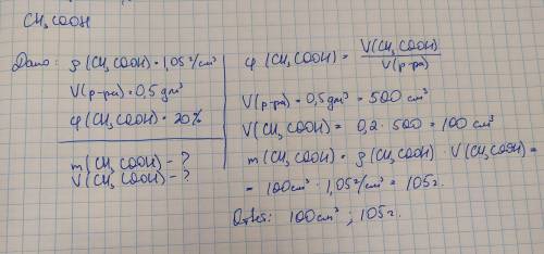 Сколько кубических сантиметров и граммов этановой кислоты (p= 1,05г/см3) содержится в 0,5 дм3 раство
