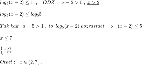 log_5(x-2)\leq 1\; \; ,\quad ODZ:\; \; x-20\; ,\; \underline {x2}\\\\log_5(x-2)\leq log_55\\\\Tak\; kak\; \; \; a=51\; ,\; to\; \; log_5(x-2)\; vozrastaet\; \; \Rightarrow \; \; (x-2)\leq 5\\\\x\leq 7\\\\\left \{ {{x2} \atop {x\leq 7}} \right.\\\\Otvet:\; \; x\in (2,7\, ]\; .