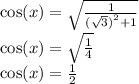 \cos(x) = \sqrt{ \frac{1}{ { (\sqrt{3} )}^{2} + 1} } \\ \cos(x) = \sqrt{ \frac{1}{4} } \\ \cos(x) = \frac{1 }{2}