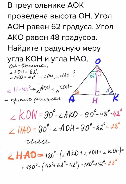 Втреугольнике аок проведена высота он. угол аон равен 62 градуса. угол ако равен 48 градусов. найдит