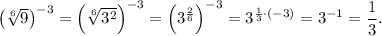 \left(\sqrt[6]{9}\right)^{-3} = \left(\sqrt[6]{3^2}\right)^{-3} = \left(3^\frac{2}{6}\right)^{-3} = 3^{\frac{1}{3}\cdot(-3)} = 3^{-1} = \dfrac{1}{3}.