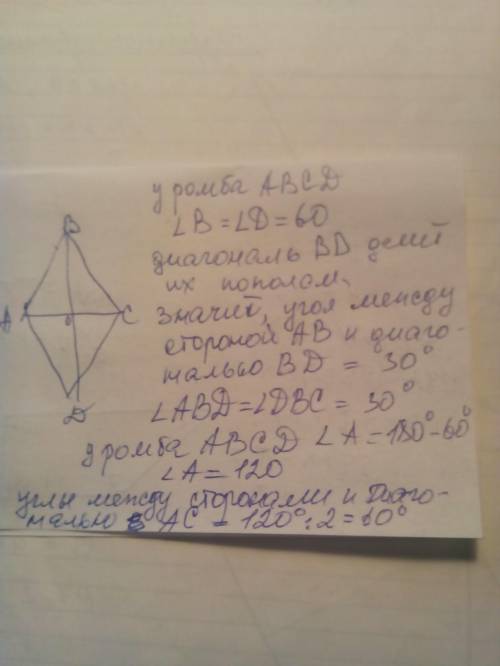 Острий угол ромба = 60 градусов. найти углы между диагоналями ромба и его сторонами ​