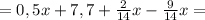 =0,5x+7,7+\frac{2}{14}x-\frac{9}{14}x=