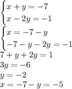 \begin{cases}x+y=-7 \\ x-2y=-1\end{cases}\\\begin{cases}x=-7-y \\ -7-y-2y=-1\end{cases}\\7+y+2y=1\\3y=-6\\y=-2\\x=-7-y=-5