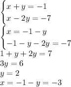 \begin{cases}x+y=-1\\x-2y=-7\end{cases}\\\begin{cases}x=-1-y\\-1-y-2y=-7\end{cases}\\1+y+2y=7\\3y=6\\y=2\\x=-1-y=-3